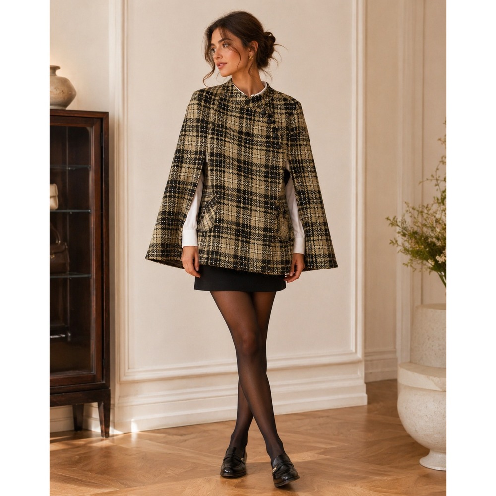 Joan Rivers Plaid Cape Jacket Button Front Tan Brown L Academia